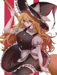 Rule 34 | 1girl, black thighhighs, blonde hair, blurry, blurry background, bow, bracelet, braid, breasts, broom, chromatic aberration, depth of field, frills, hair between eyes, hat, hat bow, hat iue, highres, holding, holding broom, jewelry, kirisame marisa, large breasts, light smile, long hair, looking at viewer, puffy short sleeves, puffy sleeves, short sleeves, side braid, simple background, solo, thighhighs, touhou, very long hair, white background, white bow, witch hat, yellow eyes