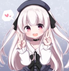 Rule 34 | 1girl, :d, beret, black bow, black choker, black hat, black skirt, blush, bow, choker, collarbone, collared shirt, commentary request, double v, grey background, hair bow, hands up, hat, heart, highres, indie virtual youtuber, long hair, long sleeves, open mouth, puffy long sleeves, puffy sleeves, red eyes, rensei, shirt, short eyebrows, simple background, skirt, smile, solo, sparkle, spoken heart, star (symbol), starry background, thick eyebrows, tomari mari, two side up, v, very long hair, virtual youtuber, white shirt