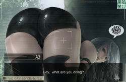 Rule 34 | 1girl, ass, bare shoulders, bent over, black gloves, black thighhighs, cameltoe, elbow gloves, gloves, grey eyes, grey hair, limgae, long hair, mole, mole under mouth, nier (series), nier:automata, parted lips, cameltoe, shorts, solo, thighhighs, a2 (nier:automata)