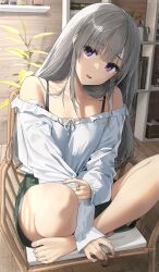 Rule 34 | 1girl, bandaid, bandaid on face, bandaid on forehead, blunt bangs, blurry, blurry background, book, bookshelf, bottle, box, chair, collarbone, eyelashes, frilled shirt, frills, grey hair, hand on own arm, highres, idolmaster, idolmaster shiny colors, indian style, jewelry, light smile, long hair, long sleeves, looking at viewer, noeru, off shoulder, open mouth, plant, purple eyes, ring, shirt, sitting, sleeves past wrists, solo, straight hair, watering can, wooden floor, yukoku kiriko