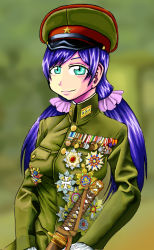Rule 34 | 1girl, artist request, blue eyes, breasts, cosplay, gloves, hat, imperial japanese army, katana, looking at viewer, love live!, love live! school idol project, low twintails, medal, military, military uniform, parody, peaked cap, portrait, purple hair, source request, sword, toujou hideki, toujou hideki (cosplay), tojo nozomi, twintails, uniform, weapon, white gloves