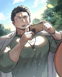 Rule 34 | 1boy, arm hair, bara, dark-skinned female, dark skin, facial hair, goatee stubble, green shirt, hand up, highres, holding, holding phone, jacket, jacket on shoulders, jewelry, large pectorals, light blush, male focus, mature male, muscular, muscular male, necklace, original, pectorals, phone, pov, ryudirection96, shirt, short hair, sideburns, solo focus, stubble, sunlight, taking picture, tree, upper body