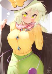 Rule 34 | 1girl, absurdres, black hat, blurry, blush, bow, breasts, buttons, coat, commentary request, cowboy shot, depth of field, diamond button, green eyes, green hair, green skirt, hat, hat bow, hat ribbon, heart, highres, komeiji koishi, large breasts, long hair, looking at viewer, polyhedron2, ribbon, scarf, shirt, signature, skirt, solo, string, third eye, touhou, undressing, yellow shirt