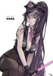 Rule 34 | 1girl, absurdres, armband, bare shoulders, black gloves, black hair, black hat, black legwear, breasts, character name, cleavage, clothes writing, commentary, commentary request, covered navel, crossed legs, english commentary, fate/grand order, fate (series), fingerless gloves, gloves, hat, high-waist pantyhose, highres, holding, large breasts, long hair, looking at viewer, mixed-language commentary, multicolored hair, necktie, orange eyes, pantyhose, parted lips, peaked cap, purple hair, purple necktie, sessyoin kiara, sessyoin kiara (swimsuit mooncancer), sessyoin kiara (swimsuit mooncancer) (second ascension), simple background, sitting, smile, solo, sugai (4ugaii), torn clothes, torn legwear, two-tone hair, very long hair, white background