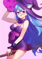 Rule 34 | 1girl, animal ears, bare shoulders, blue hair, breasts, broom, dress, glasses, hat, highres, large breasts, long hair, marija (muse dash), muse dash, purple eyes, round eyewear, scar, solo, spica (starlitworks), very long hair, witch, witch hat