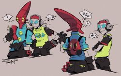 Rule 34 | !, !!, ...?, 1boy, 1other, ?, beat (jsr), black gloves, black legwear, blue shirt, bomb rush cyberfunk, cellphone, chain, commentary, crossed arms, crossover, datoonie, english commentary, flip phone, gloves, goggles, green shirt, grin, hands on own hips, headphones, helmet, highres, jet set radio, jet set radio future, musical note, pants, phone, red (bomb rush cyberfunk), red hair, red headwear, shirt, signature, simple background, smile, sparkle, speech bubble, trait connection, white-framed eyewear