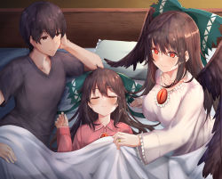 Rule 34 | 1boy, 2girls, bed, blouse, blush, bow, breasts, brown eyes, brown hair, closed eyes, closed mouth, collar, father and daughter, green bow, grey shirt, grey sleeves, hair between eyes, hand up, highres, holding, jewelry, light, long hair, long sleeves, looking at another, lying, medium breasts, mother and daughter, multiple girls, no headwear, pillow, pink shirt, pink sleeves, red eyes, reiuji utsuho, ring, shadow, shirt, short hair, short sleeves, sleeping, smile, t-shirt, torottye, touhou, wall, white shirt, white sleeves, wings