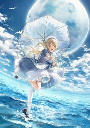 Rule 34 | 1girl, absurdres, bird, black footwear, blonde hair, blue dress, blue ribbon, blue sky, cloud, commission, copyright request, dress, floating hair, frilled dress, frilled umbrella, frills, full body, full moon, hat, highres, holding, holding umbrella, horizon, long hair, long sleeves, looking at viewer, mary janes, moon, neck ribbon, ocean, open mouth, puffy sleeves, ribbon, shoes, single thighhigh, sinomi, skeb commission, sky, solo, thigh strap, thighhighs, umbrella, water, white hat, white thighhighs, yellow eyes
