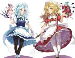 Rule 34 | 4girls, ahoge, ankle boots, apron, arm up, ascot, basket, bat wings, between fingers, black legwear, blonde hair, blue eyes, blue hair, blue skirt, blue vest, bobby socks, boots, braid, breasts, brooch, chain, closed eyes, closed mouth, commentary request, confetti, crossed legs, demon wings, dress, eye contact, fang, feet out of frame, garter straps, gloves, hair bobbles, hair ornament, hair ribbon, hand on own hip, hat, hat ribbon, highres, holding, holding chain, holding knife, holding sword, holding weapon, izayoi sakuya, jewelry, knife, knife sheath, knife sheath, long hair, long sleeves, looking at another, maid headdress, mob cap, multiple girls, panties, pantyhose, pantyshot, petticoat, pink shirt, pink skirt, piyodesu, pocket watch, puffy short sleeves, puffy sleeves, red ascot, red dress, remilia scarlet, ribbon, shadow, sheath, shinki (touhou), shirt, short hair, short sleeves, simple background, skirt, small breasts, smile, socks, standing, sword, thighhighs, touhou, touhou (pc-98), tress ribbon, twin braids, underwear, vest, waist apron, watch, weapon, white background, white gloves, white legwear, white panties, white shirt, wings, yellow eyes, yumeko (touhou)