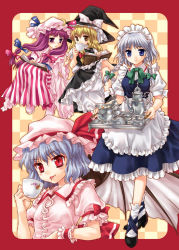 Rule 34 | 4girls, :p, bat wings, blonde hair, bloomers, blue eyes, book, braid, checkered background, covering face, covering own mouth, covering privates, crescent, cup, female focus, hat, izayoi sakuya, kirisame marisa, maid, maid headdress, multiple girls, patchouli knowledge, purple eyes, purple hair, red eyes, remilia scarlet, sato-pon, short sleeves, silver hair, sitting, standing, tablet, tea set, teacup, teapot, tongue, tongue out, touhou, twin braids, underwear, wings, witch hat, wrist cuffs