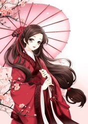 Rule 34 | 1girl, absurdres, brown eyes, brown hair, cherry blossoms, chinese clothes, flower, hair ribbon, hanfu, highres, holding, holding umbrella, japanese clothes, jiaoling ruqun, kimono, long hair, long sleeves, looking at viewer, low-tied long hair, oil-paper umbrella, open mouth, red ribbon, ribbon, smile, solo, standing, umbrella, very long hair, wide sleeves, xiyuan de yinanna