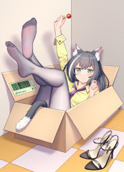 Rule 34 | 1girl, absurdres, animal ear fluff, animal ears, arm up, black hair, black pantyhose, box, candy, cardboard box, cat ears, cat girl, cat tail, chinese commentary, commentary request, feet, food, unworn footwear, frown, green eyes, grey-framed eyewear, high heels, highres, holding, holding candy, holding food, holding lollipop, in box, in container, karyl (princess connect!), leg lift, lollipop, low twintails, multicolored hair, no shoes, pantyhose, princess connect!, sandals, unworn sandals, soles, solo, streaked hair, tail, tail raised, tile floor, tiles, twintails, white-framed eyewear, xiaoxi0619
