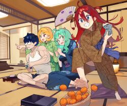 Rule 34 | 1boy, 3girls, :d, ahoge, barefoot, basket, black hair, blonde hair, blue eyes, blue sash, brown kimono, ceiling, clenched hand, commentary, controller, food, fruit, game controller, glasses, green eyes, green hair, green kimono, grin, hair between eyes, highres, hipa (some1else45), holding, holding controller, holding game controller, indoors, japanese clothes, kimono, knees, long hair, mouth hold, multiple girls, nahia (some1else45), opaque glasses, open mouth, orange (fruit), original, parted lips, playing games, pointing, red hair, sash, sekoshi (some1else45), shirt, short hair, shorts, sitting, sleeveless, sleeveless shirt, smile, some1else45, sweatdrop, symbol-only commentary, tank top, tatami, toes, white shirt