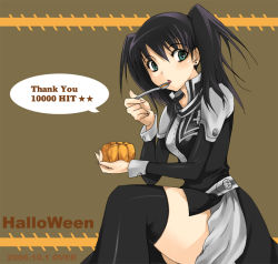 Rule 34 | 00s, 1girl, 2006, black hair, cuffs, d.gray-man, dated, eating, english text, engrish text, food, green eyes, halloween, lenalee lee, looking at viewer, miniskirt, ranguage, short hair, sitting, skirt, solo, speech bubble, thighhighs, twintails, uemoto masato, zettai ryouiki