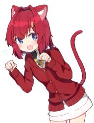 Rule 34 | 1girl, :d, ange katrina, ange katrina (1st costume), animal ears, blue eyes, blush, cardigan, cat ears, cat girl, cat tail, hair intakes, hair ornament, hairclip, leaning forward, looking at viewer, nijisanji, open mouth, paw pose, rabiiandrain, red cardigan, red hair, short hair, simple background, smile, solo, tail, triangle hair ornament, virtual youtuber, white background