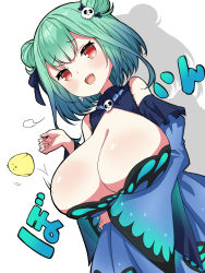 Rule 34 | 1girl, absurdres, alternate breast size, animal print, asanaya, bird, blue dress, blue hair, blush, breast hold, breasts, butterfly print, center opening, chick, cleavage, commentary, cowboy shot, detached sleeves, double bun, dress, dutch angle, earrings, fang, gradient hair, green hair, hair bun, hair ornament, hair ribbon, highres, hololive, jewelry, large breasts, looking at viewer, motion lines, multicolored hair, open mouth, red eyes, ribbon, shadow, short hair, simple background, skull earrings, skull hair ornament, smile, solo, translated, two-tone hair, uruha rushia, uruha rushia (1st costume), virtual youtuber, white background, wide sleeves
