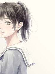 Rule 34 | 1girl, beige background, blue shirt, brown hair, closed mouth, commentary, grey eyes, hair tie, lips, looking at viewer, looking to the side, medium hair, nuwanko, original, ponytail, sailor collar, school uniform, serafuku, shirt, simple background, smile, solo