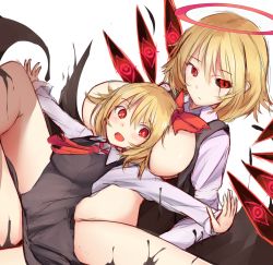 Rule 34 | 2girls, black dress, black sclera, blonde hair, bow, breasts, colored sclera, commentary, dress, dual persona, halo, highres, large breasts, long sleeves, looking at viewer, multiple girls, open mouth, outstretched arms, red bow, red eyes, red neckwear, red ribbon, ribbon, rumia, satou rin (gobugabuge), short hair, thighs, touhou