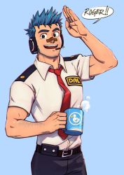 Rule 34 | 1boy, animal crossing, arm hair, bandaid, bandaid on face, bandaid on nose, beard, belt, blue background, blue eyes, blue hair, commentary, cowboy shot, cup, english commentary, english text, facial hair, hand up, headphones, highres, holding, looking at viewer, male focus, mocucumo, necktie, nintendo, open mouth, orville (animal crossing), pants, personification, red necktie, shirt, shirt tucked in, short sleeves, simple background, smile, solo, speech bubble, spiked hair, teeth, upper teeth only, white shirt