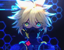 Rule 34 | 1boy, bad id, bad twitter id, blonde hair, blue eyes, cable, character name, commentary, cyberpunk, ei flow, english commentary, english text, glowing, glowing eyes, heterochromia, hexagon, highres, kagamine len, looking at viewer, male focus, mask, mouth mask, multicolored eyes, neon lights, portrait, solo, spiked hair, twitter username, vocaloid, yellow eyes