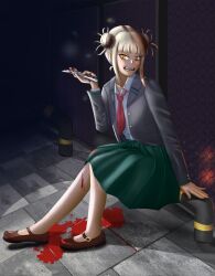 Rule 34 | 1girl, absurdres, arm support, blonde hair, blood, blood on clothes, blood on hands, blood splatter, bloody weapon, blunt bangs, boku no hero academia, brown footwear, collared shirt, double bun, elementary, female focus, full body, green skirt, grey jacket, hair bun, highres, jacket, long sleeves, mary janes, necktie, open mouth, orange eyes, pleated skirt, red necktie, shirt, shoes, short hair, sitting, skirt, smile, solo, teeth, toga himiko, u.a. school uniform, weapon, white shirt