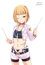 Rule 34 | 1girl, ;d, bike shorts, blonde hair, blunt bangs, character name, cowboy shot, cropped jacket, drumsticks, holding, jacket, jewelry, kichihachi, midriff, mimori matsuri, navel, necklace, one eye closed, open clothes, open jacket, open mouth, parted lips, purple jacket, purple shorts, short hair, short shorts, shorts, shorts under shorts, simple background, smile, solo, tank top, tattoo, teeth, tokyo 7th sisters, twitter username, white background