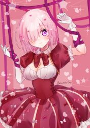 Rule 34 | 1girl, absurdres, alternate costume, blush, bound, bow, bowtie, breasts, cleavage, closed mouth, commentary request, dress, elbow gloves, fate/grand order, fate (series), gloves, hair ornament, hair over one eye, harukappa, heart, heart hair ornament, heart print, highres, looking at viewer, mash kyrielight, medium breasts, one eye covered, pink bow, pink hair, puffy short sleeves, puffy sleeves, purple eyes, red bow, red bowtie, red dress, short hair, short sleeves, solo, tied up (nonsexual), twitter username, valentine, white bow, white gloves