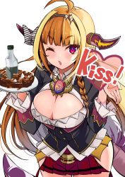 Rule 34 | 1girl, absurdres, ahoge, black jacket, blonde hair, blowing kiss, blunt bangs, blush, bottle, bow, braid, breasts, broken bottle, broken glass, cleavage, cleavage cutout, clothing cutout, collared shirt, cowboy shot, dragon horns, dragon tail, english text, fang, food, glass, glass shards, hairband, heart, highres, hololive, horn bow, horn ornament, horns, jacket, kiryu coco, kiryu coco (1st costume), large breasts, long hair, long sleeves, looking at viewer, miniskirt, multicolored hair, od od5392, one eye closed, open mouth, orange hair, plate, pleated skirt, pointy ears, purple eyes, red skirt, shirt, side braid, side slit, simple background, skirt, smile, solo, steak, straight hair, tail, thighs, two-tone hair, virtual youtuber, white background, white shirt