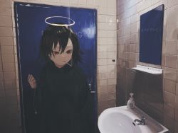 Rule 34 | 1girl, bathroom, black hair, casual, cigarette, commentary, daruma karei, door, hair between eyes, halo, highres, holding, indoors, light, looking down, mirror, mouth hold, original, realistic, red eyes, rosary, short hair, sink, smoke, solo, standing, upper body, wall
