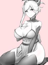 Rule 34 | 1girl, absurdres, alternate costume, asymmetrical hair, bare shoulders, blush, breasts, cleavage, closed mouth, commentary request, curvy, detached collar, detached sleeves, earrings, fate/grand order, fate (series), greyscale, greyscale with colored background, hair ornament, hand on own chest, highres, hometa, japanese clothes, jewelry, large breasts, miyamoto musashi (fate), miyamoto musashi (second ascension) (fate), monochrome, obi, pelvic curtain, pink background, ponytail, sash, seiza, sitting, smile, solo, thighhighs, thighs