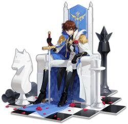 Rule 34 | 1boy, artist request, black footwear, black gloves, boots, brown hair, chess piece, code geass, flower, frown, gloves, green eyes, highres, holding, holding sword, holding weapon, king (chess), knight (chess), kururugi suzaku, mahjong soul, male focus, official art, petals, red flower, red rose, rose, rose petals, short hair, simple background, sitting, solo, sword, tachi-e, throne, transparent background, weapon