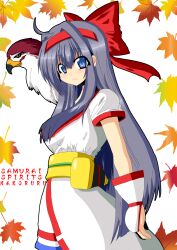 Rule 34 | 1girl, ainu clothes, blue eyes, breasts, fingerless gloves, from side, gloves, hair ribbon, highres, large breasts, leaf, legs, looking at viewer, mamahaha, maple leaf, nakoruru, pants, purple hair, ribbon, samurai spirits, sideboob, smile, snk, the king of fighters, thighs, weapon