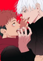 Rule 34 | 2boys, black hair, black jacket, blue eyes, blush, eye contact, facial mark, finger in another&#039;s mouth, from side, gojou satoru, half-closed eyes, hand up, highres, itadori yuuji, jacket, jujutsu kaisen, light blush, long sleeves, looking at another, looking down, looking up, male focus, multicolored hair, multiple boys, open mouth, profile, red background, red hair, red shirt, shirt, sidelocks, simple background, teeth, tenobe, two-tone hair, upper body, white hair, yaoi