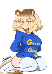 Rule 34 | 1girl, animal ears, blonde hair, blue shirt, bra strap, breasts, hair between eyes, highres, jewelry, john (a2556349), kemono friends, kemono friends 3, kneeling, large breasts, lion (kemono friends), lion ears, lion tail, long hair, long sleeves, looking at viewer, multicolored hair, necklace, official alternate costume, shirt, smile, solo, tail, thighhighs, yellow eyes