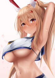 Rule 34 | 1girl, absurdres, arm behind head, arm up, armpits, ayanami (azur lane), ayanami (retrofit) (azur lane), azur lane, bare arms, bare shoulders, blonde hair, breasts, closed mouth, crop top, crop top overhang, hair ornament, highres, large breasts, long hair, looking at viewer, mechanical ears, midriff, navel, no bra, ponytail, red eyes, revealing clothes, ryara, sailor collar, shirt, sleeveless, sleeveless shirt, smile, solo, stomach, sweat, underboob, upper body, very long hair, white shirt
