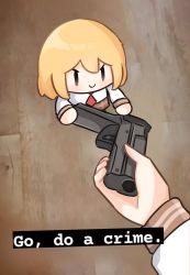 Rule 34 | 2girls, absurdres, blonde hair, blue eyes, chibi, commentary, dual persona, giving, go do a crime (meme), gun, hair ornament, handgun, highres, hololive, hololive english, looking ahead, meme, moon ldl, multiple girls, necktie, red necktie, shirt, smile, smol ame, solo focus, virtual youtuber, watson amelia, weapon, white shirt