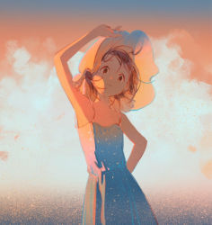 Rule 34 | 1girl, adjusting clothes, adjusting headwear, arm behind back, arm up, armpits, cloud, dress, hand on headwear, hat, looking at viewer, original, sheya tin, simple background, sky, smile, solo, spaghetti strap, sundress