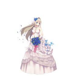 Rule 34 | 1girl, alternate costume, blonde hair, blue eyes, blue flower, blue rose, blush, bouquet, breasts, bridal veil, bug, butterfly, choker, cleavage, dress, flower, frilled dress, frills, full body, gloves, bug, jewelry, large breasts, lexington (warship girls r), long hair, necklace, official art, petals, rose, smile, solo, suisai., tiara, transparent background, veil, warship girls r, wedding dress, white dress, white gloves