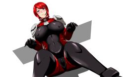 Rule 34 | 1girl, blue eyes, blush, breasts, game cg, gaptax, huge breasts, latex, red hair, solo, transparent background