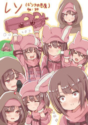 Rule 34 | &gt; &lt;, 1girl, animal ears, animal hat, arms up, bandana, blush, brown cloak, brown hair, bullpup, cloak, closed eyes, closed mouth, commentary request, eating, food, fur-trimmed gloves, fur trim, gloves, glowing, gun, hair between eyes, half-closed eyes, hat, heart, holding, holding food, holding gun, holding weapon, hood, hood up, hooded cloak, jacket, jitome, llenn (sao), long sleeves, looking at viewer, multiple views, no headwear, open mouth, p-chan (p90), p-chan (sao), p90, parted lips, personal defense weapon, pink gloves, pink hat, pink jacket, pink neckwear, rabbit ears, rabbit hat, red eyes, submachine gun, sweat, sword art online, sword art online alternative: gun gale online, teeth, translation request, upper teeth only, wavy mouth, weapon, white background, wide-eyed, xephonia