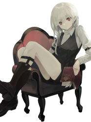 Rule 34 | 1girl, armchair, black footwear, black shorts, black socks, black vest, book, brown eyes, chair, collared shirt, dress shirt, hair between eyes, highres, holding, holding book, loafers, long hair, long sleeves, looking at viewer, ogami ren, on chair, open book, original, shirt, shoes, short shorts, shorts, simple background, socks, solo, vest, white background, white hair, white shirt