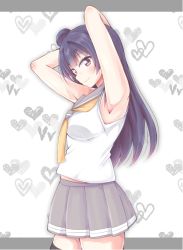 Rule 34 | 10s, 1girl, armpits, arms up, black thighhighs, blue hair, blush, breasts, chiro (bocchiropafe), commentary request, hair bun, heart, highres, long hair, looking at viewer, love live!, love live! sunshine!!, neckerchief, pleated skirt, purple eyes, school uniform, serafuku, side bun, single hair bun, single side bun, skirt, sleeveless, smile, solo, thighhighs, tsushima yoshiko, yellow neckerchief, zettai ryouiki