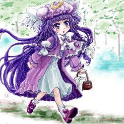 Rule 34 | 1girl, :o, ascot, basket, blue dress, blush stickers, bobby socks, bow, clenched hand, crescent, dress, female focus, grass, hair bow, hat, hat ribbon, long hair, long sleeves, looking away, nanashii (soregasisan), open mouth, patchouli knowledge, purple eyes, purple hair, ribbon, robe, shoes, socks, solo, touhou, tree, very long hair, walking