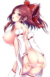 Rule 34 | 1girl, ass, blush, bow, breasts, brown hair, censored, detached sleeves, ebi 193, hair bow, hair tubes, hakurei reimu, large breasts, long hair, looking at viewer, md5 mismatch, nipples, nude, open mouth, red bow, red eyes, simple background, solo, thighhighs, touhou, white background, white thighhighs