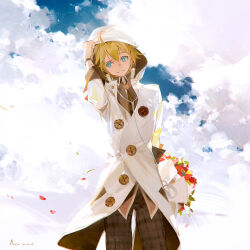Rule 34 | 1boy, a-shacho, ahoge, black bracelet, blonde hair, blue eyes, blue sky, bouquet, brown pants, brown shirt, buttons, chinese commentary, cloud, cloudy sky, coat, collared shirt, commentary request, cowboy shot, dated, day, flower, grin, hand on headwear, high collar, highres, holding, holding behind back, holding bouquet, hood, hood up, hooded coat, kagamine len, leaf, long sleeves, looking at viewer, male focus, outdoors, pants, petals, plaid, plaid pants, raised eyebrow, red flower, red rose, rose, shirt, short hair, signature, sky, smile, solo, vocaloid, white coat, white hood, white sleeves