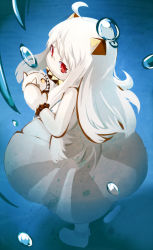 Rule 34 | 1girl, abyssal ship, ahoge, bare shoulders, bubble, closed mouth, colored skin, dress, frown, hinotama (hinotama422), horns, kantai collection, long hair, looking at viewer, mittens, northern ocean princess, red eyes, sleeveless, sleeveless dress, solo, standing, white dress, white hair, white mittens, white skin