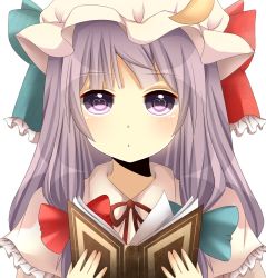 Rule 34 | 1girl, bad id, bad pixiv id, book, bow, crescent, dress, female focus, hat, heart, heart-shaped pupils, long hair, looking at viewer, patchouli knowledge, portrait, purple eyes, purple hair, ribbon, simple background, solo, symbol-shaped pupils, touhou, white background, yamasuta