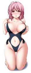 Rule 34 | 1girl, bare shoulders, barefoot, black one-piece swimsuit, blush, breasts, clothing cutout, collarbone, commentary request, full body, gluteal fold, hair between eyes, highres, kneeling, large breasts, looking at viewer, medium hair, navel, nori tamago, one-piece swimsuit, open mouth, pink hair, red eyes, saigyouji yuyuko, simple background, solo, stomach cutout, swimsuit, thigh gap, thighs, touhou, white background