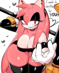 Rule 34 | 1girl, alternate eye color, amy rose, animal nose, bare shoulders, bent over, black eyeshadow, black sleeves, black thighhighs, bracelet, breasts, cleavage, detached sleeves, english text, eyeshadow, furry, furry female, gloves, hammer, heart, highres, holding, holding hammer, jewelry, large breasts, long hair, looking at viewer, makeup, open mouth, red eyes, simple background, smile, solo, sonic (series), standing, thick thighs, thighhighs, thighs, usa37107692, very long hair, white background, white gloves, yandere