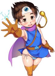 Rule 34 | 1girl, belt, blush, breasts, brown eyes, brown gloves, brown hair, cape, commentary request, dragon quest, dragon quest iii, gloves, headband, highres, looking at viewer, open hands, open mouth, orizen, outstretched arm, panties, purple cape, roto (dq3), short hair, simple background, sleeveless, small breasts, solo, square enix, striped clothes, striped panties, tareme, thighhighs, underwear, white background